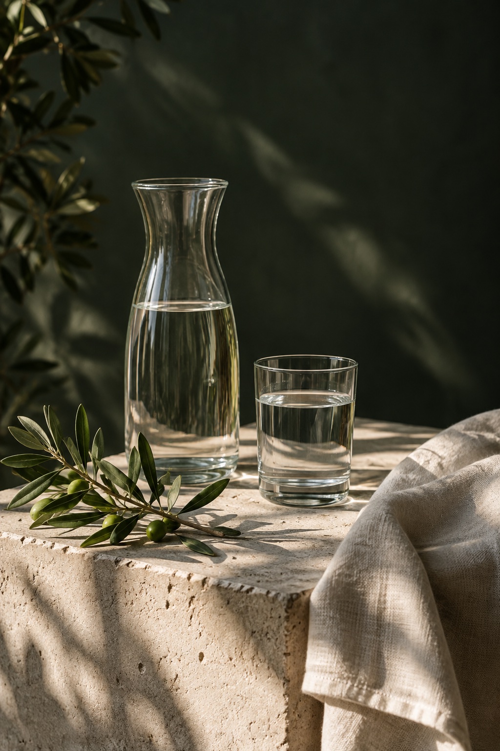 Sunlight on clear glass, natural stone, and an olive branch